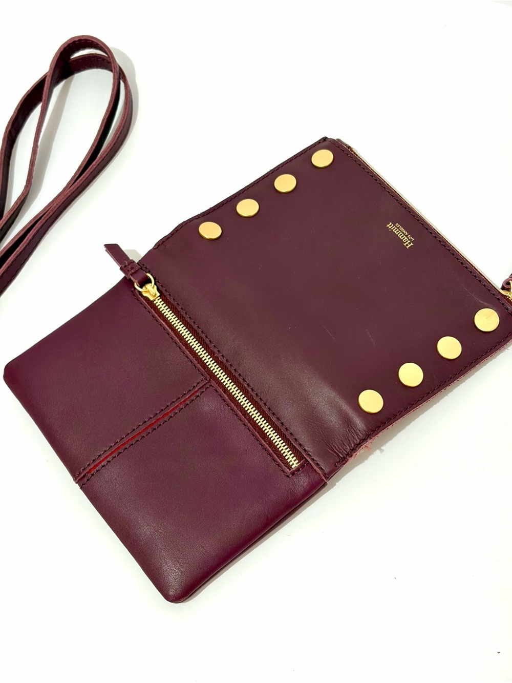 Hammitt Small Stadium Burgundy Leather Crossbody/Brushed Gold Rivets - Picture 10 of 14
